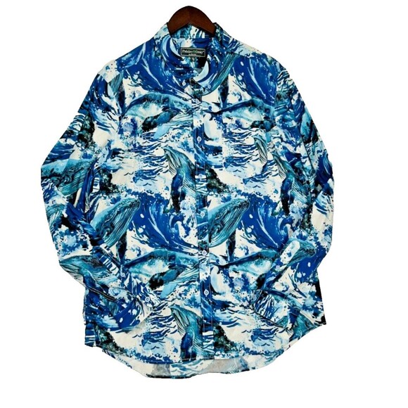 Mens XXL Blue Whales Graphic Button Up Waves Slim Fit Oceans Paisley &‎ Gray - Picture 1 of 16